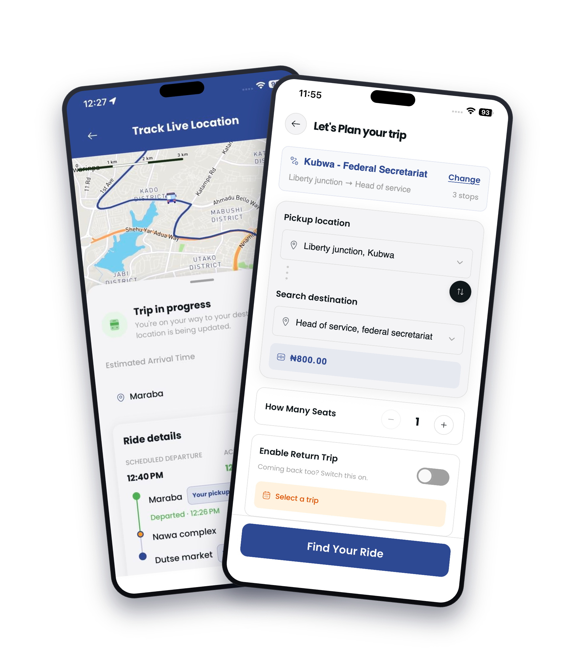 The Keztrip app tracking a bus live on the map and planning a trip