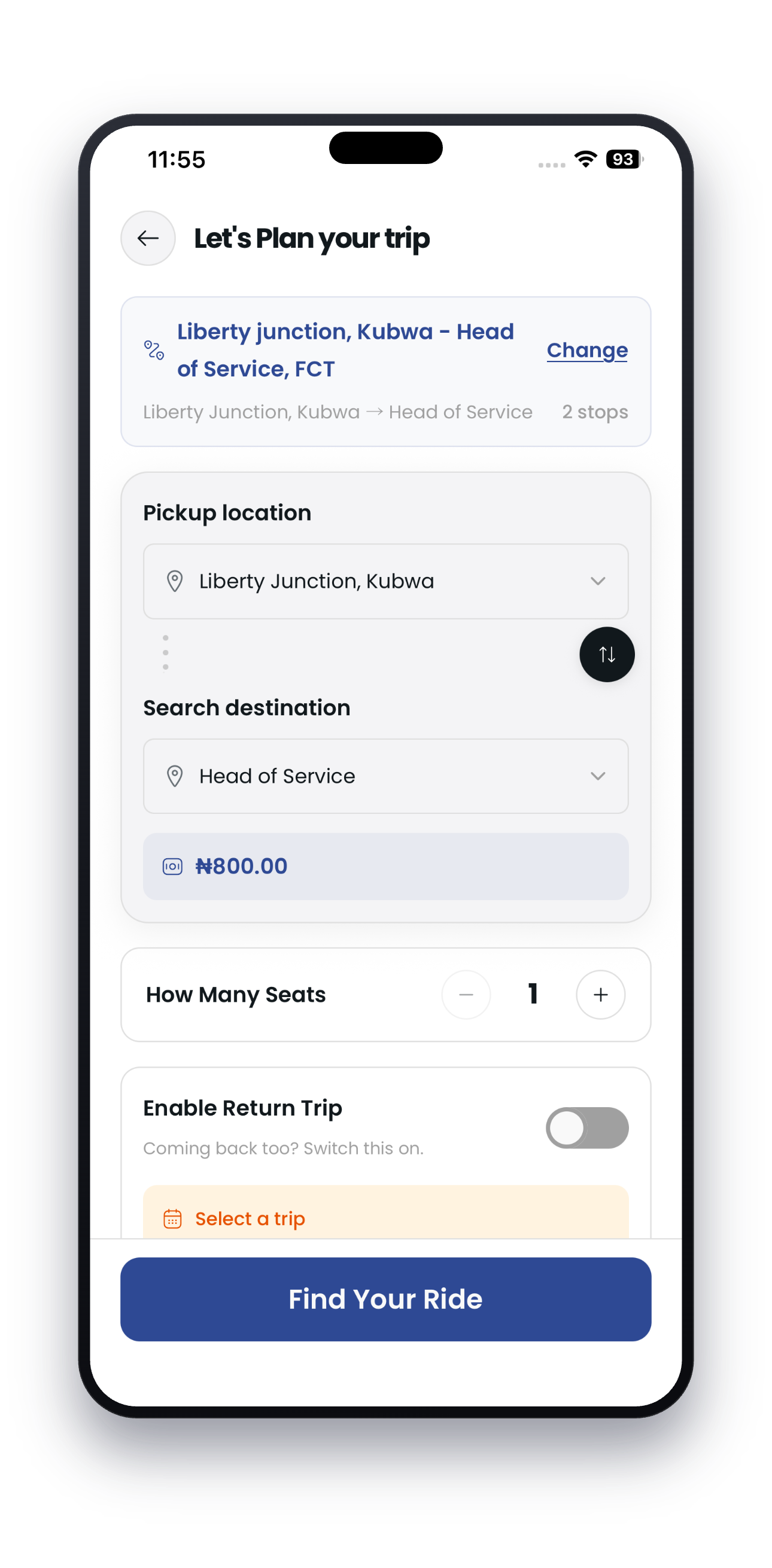 Planning a trip in the Keztrip app, with pickup, destination and a clear fare quote