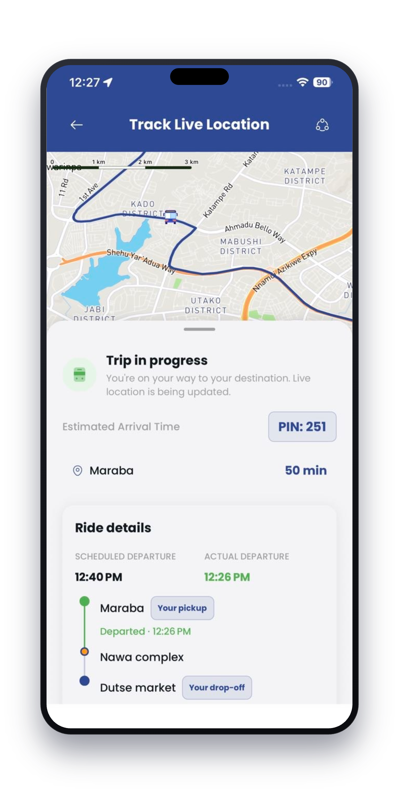 Tracking a Keztrip bus live on the map, with ride details and estimated arrival time