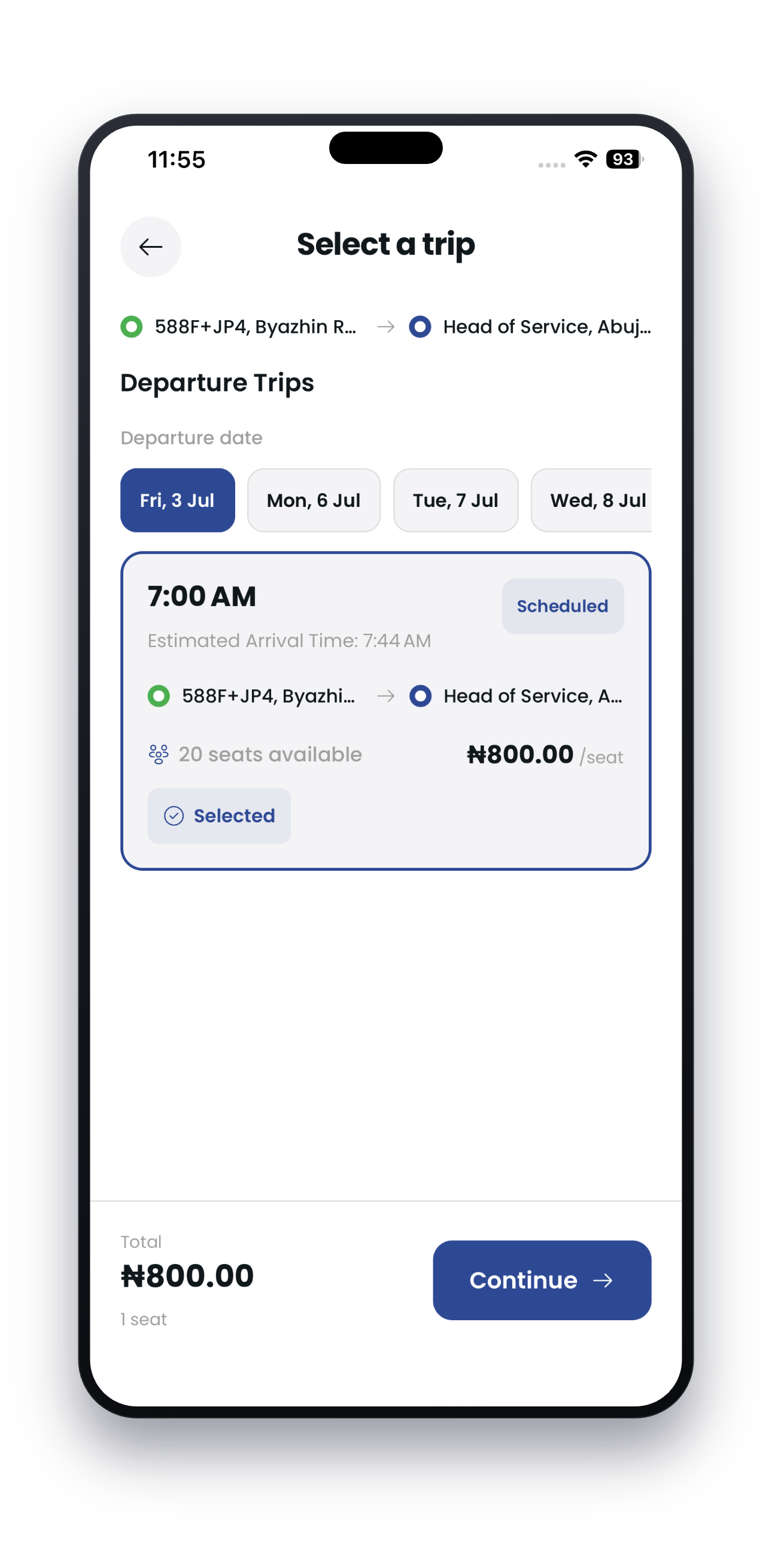 Choosing a scheduled trip in the Keztrip app, with departure dates, seats and fare